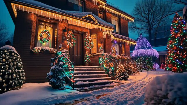 Holiday evening of a beautifully decorated house with colorful lights, snow on the ground, and a festive atmosphere. . Video