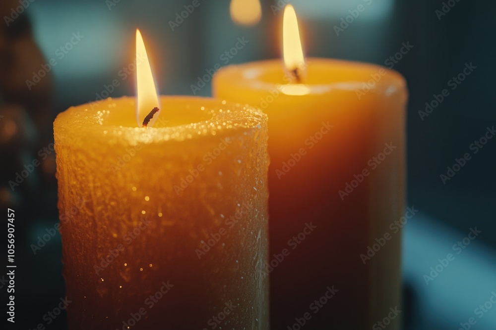 Poster a pair of lit candles on a table, great for adding ambiance to any setting