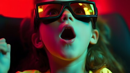 A young girl, captivated by the screen, wearing 3D glasses, her mouth open in awe. The vibrant lights enhance her expression, capturing the thrill and wonder of experiencing a movie in 3D.