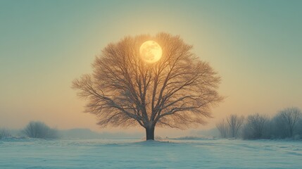 A lone tree stands in a snowy field with a large, full moon rising behind it, casting a warm glow over the winter landscape.