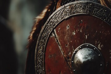 Naklejka premium Close-up of a Viking shield with intricate carvings, showcasing ancient craftsmanship and warrior culture. Perfect for historical themes.