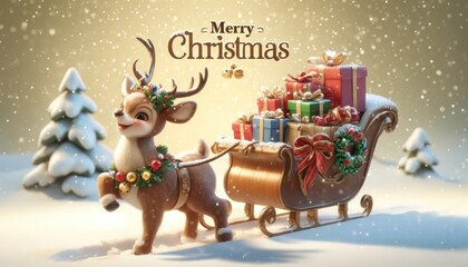 A cheerful reindeer pulling a sleigh overflowing with wrapped gifts