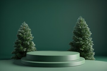 Green podium with two snow-covered pine trees