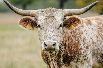 Close-Up of Longhorn Cow with Tag in Pasture. A detailed photo of a longhorn cow with light and dark brown markings, showing alert eyes and a distinctive tag in its ear.
