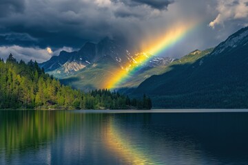 A mountain range with a rainbow in the sky