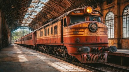 Obraz premium Rusty Red Train in Abandoned Train Station