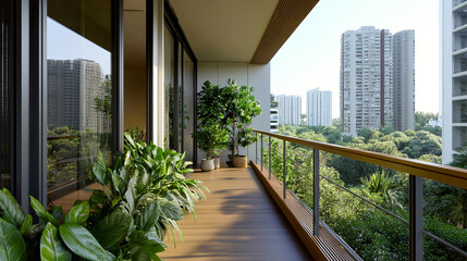Fototapeta premium Balcón residencial con plantas en macetas y vista a edificios rodeados de naturaleza 