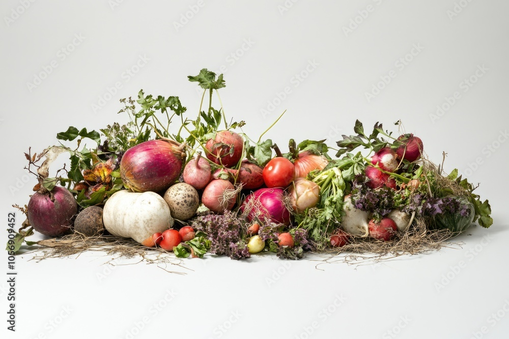 Sticker A stack of colorful fresh vegetables on a clean white surface