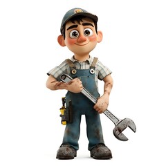 Cartoon mechanic holding a wrench with grease stains on a white background.