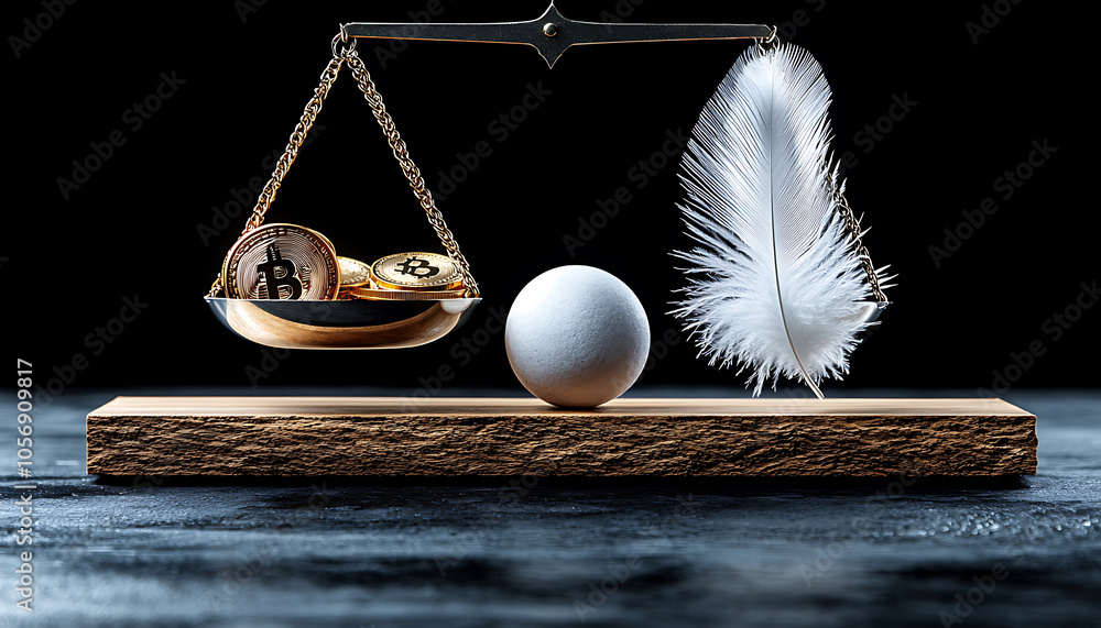 Poster exploring the intricate balance of wealth and value an abstract representation of gold coins a feath