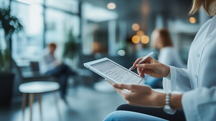 A woman is typing on a tablet in a room with a few other people. The tablet is open to a page with a list of items. The woman is focused on her work, and the room has a modern, professional feel