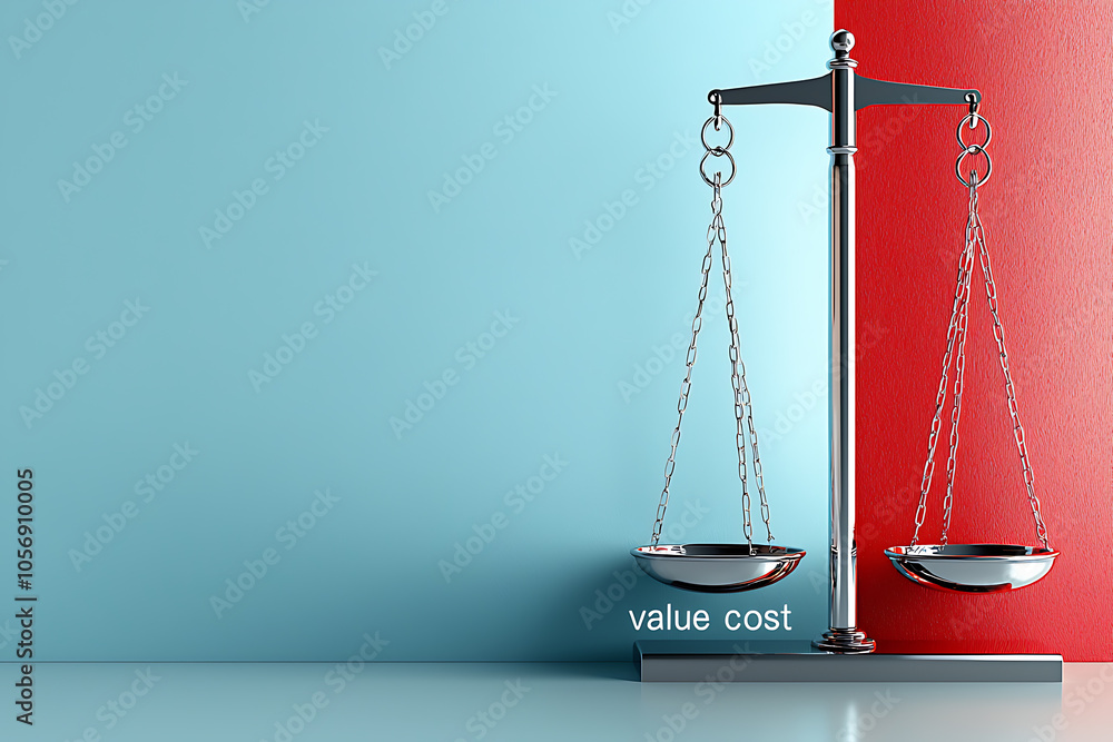 Poster balancing value and cost an abstract representation of economic principles through neon scales