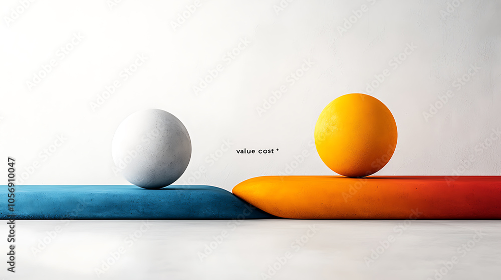 Poster exploring the concept of value and cost through an abstract balancing act in vibrant colors