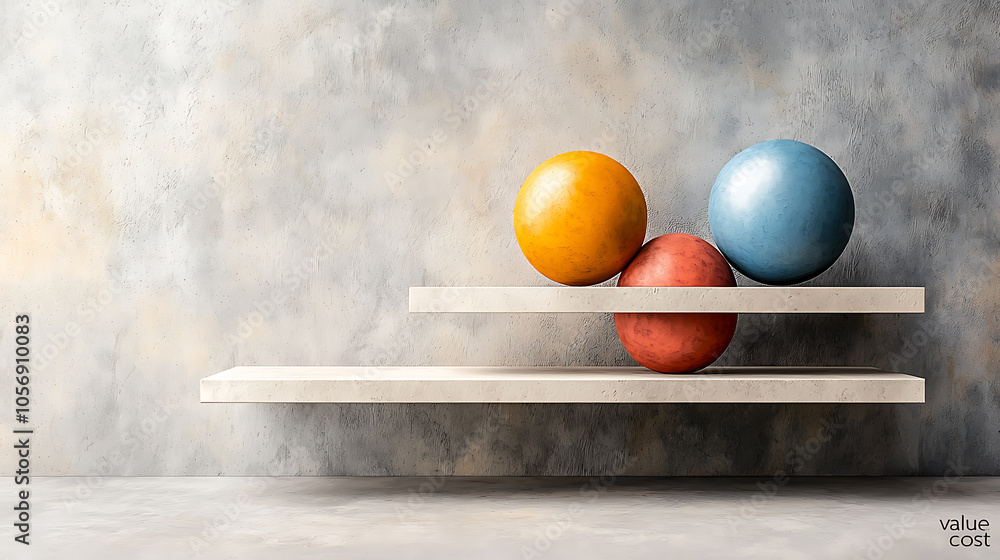 Poster exploring balance an abstract scene representing value and cost through vibrant colors and shapes