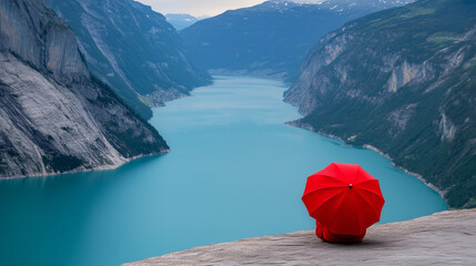 A person with red umbrella enjoying a breathtaking mountain river view