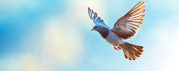 A majestic pigeon soars through the soft blue sky, showcasing the beauty and grace of flight against a serene cloud-filled backdrop.