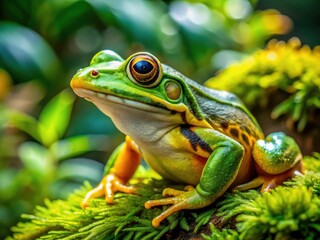 Obraz premium Close-Up of a Vivid Green and Yellow Frog, Highlighting Intricate Skin Texture and Curious Expression in Nature's Beauty