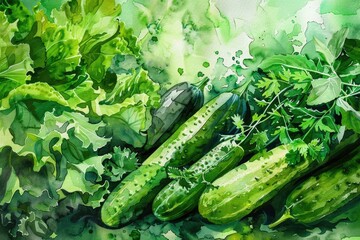 Obraz premium A still life depiction of cucumbers and lettuce arranged on a table