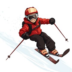 Fototapeta premium A cartoon skier going downhill on skis on a white background.