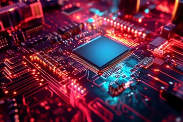 Obraz premium Close-up of a glowing microchip on a circuit board, showcasing futuristic technology with vibrant neon colors illustrating digital innovation.