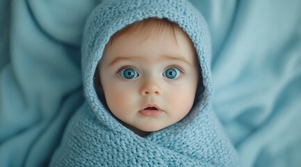 Bundled in a soft blue blanket, this baby looks ahead with wide, curious eyes that capture the essence of innocence and wonder. 