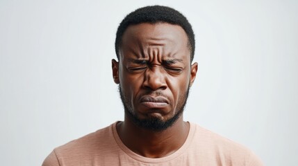 Obraz premium Portrait of an African American adult expressing pain with a sad exhausted face displaying concern worry and deep thought highlighting human emotions and facial expressions Isolated on neutral bac