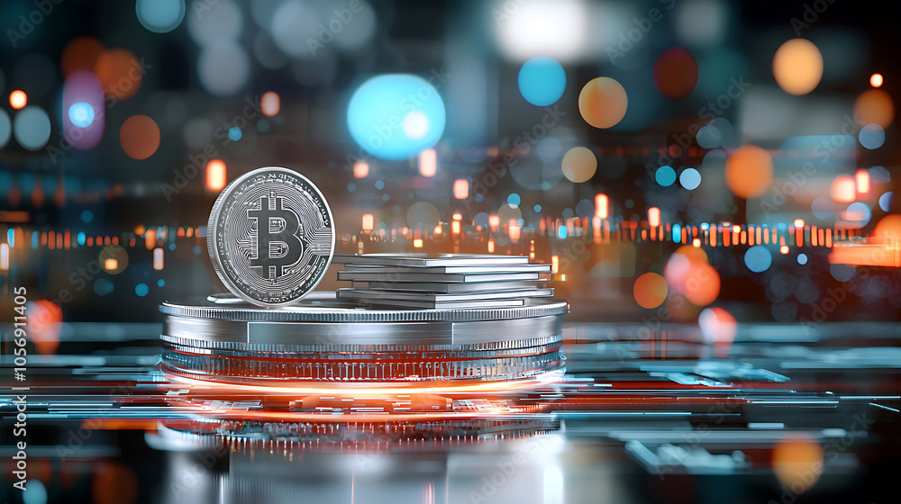 Poster exploring the futuristic balance of digital currency a visual representation of cryptocurrency on th