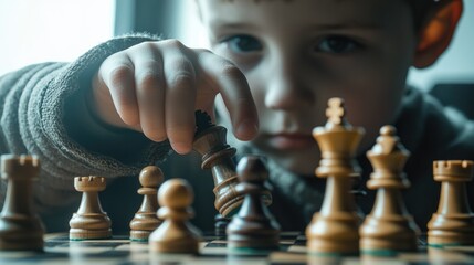 Banner featuring a boy without a face devising a game strategy A hand grips a chess piece making a move with selective focus on the hand