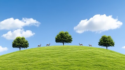 Green Meadow Landscape with Deer and Trees under Blue Sky