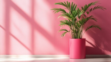 A single green plant is placed in a bright pink pot against a matching pink wall