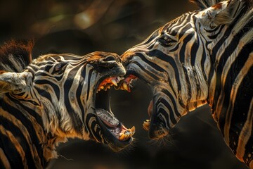 Two zebras showing off their sharp teeth, a common threat display in equines