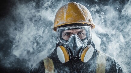 Builder in a high grade dust mask surrounded by swirling glass wool particles on a construction site