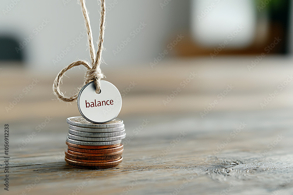 Poster macro shot of stacked coins with a balance tag symbolizing financial equilibrium and value managemen