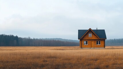 Wooden cottage in a field exploring options for nature retreats real estate ideas renting a home for holidays ample space for text