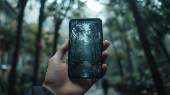 A person is holding a cell phone up to their eye. The screen of the phone shows a forest scene - Powered by Adobe