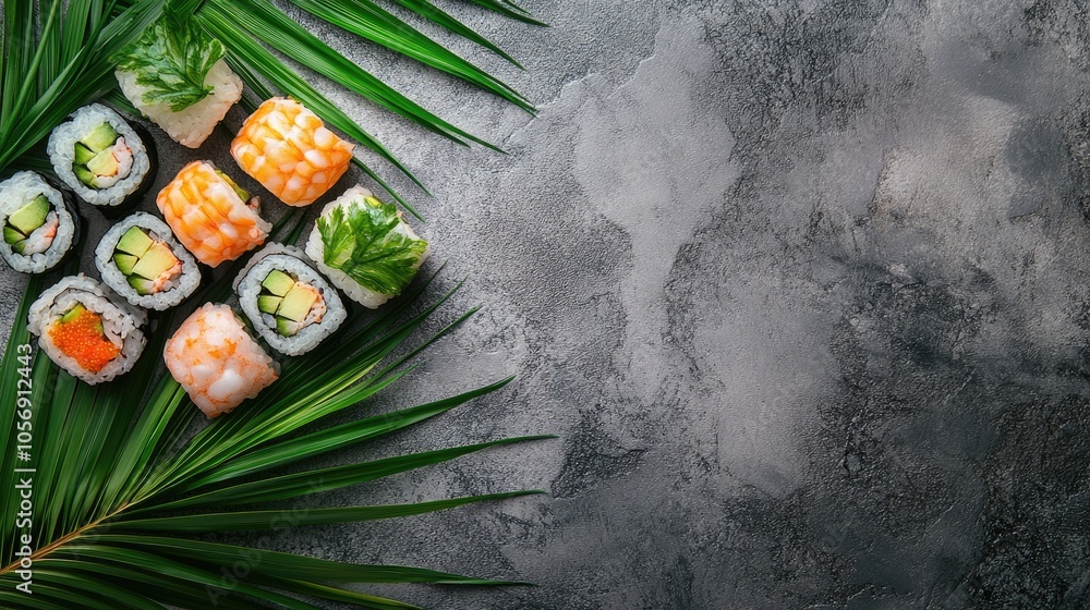Aufkleber assorted maki rolls with green palm leaves on a textured stone surface empty space for text