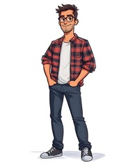Fototapeta premium Cartoon guy in a casual flannel shirt and jeans on a white background.