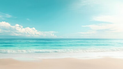 Fototapeta premium Tranquil beach view featuring serene cyan waters and a bright sky providing plenty of space for text ideal for themes of relaxation and wellness