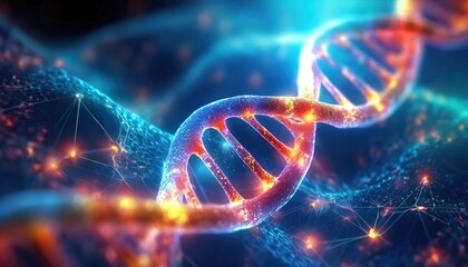 Colorful DNA strand glowing with interconnected neural networks, representing technological advancements in genetics.