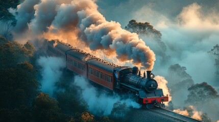 Fototapeta premium Steam Train Chugging Through Misty Forest