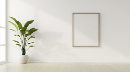 Empty white room featuring a wooden laminate floor and a frame showcasing a green plant
