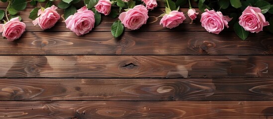 Beautiful Pink Roses On Wooden Background Close Up