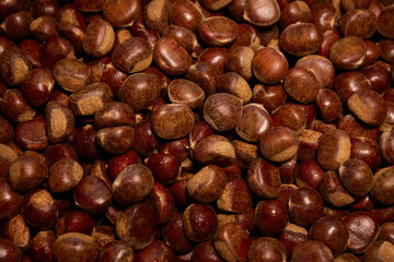 Roasted chestnuts background, Close-up of a pile of sweet chestnuts for background use