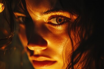 A close-up shot of a woman's face with long, flowing hair