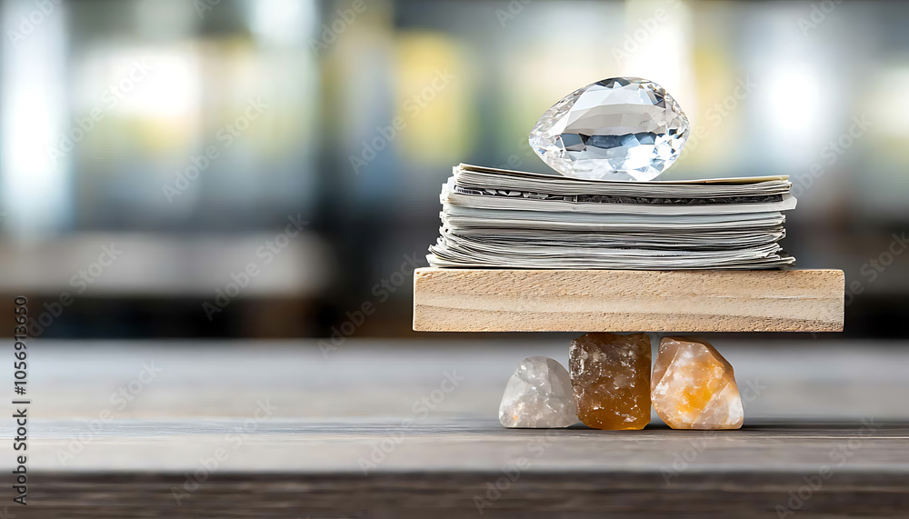 Poster balancing wealth a scale of bills with a gemstone symbolizing value and prosperity
