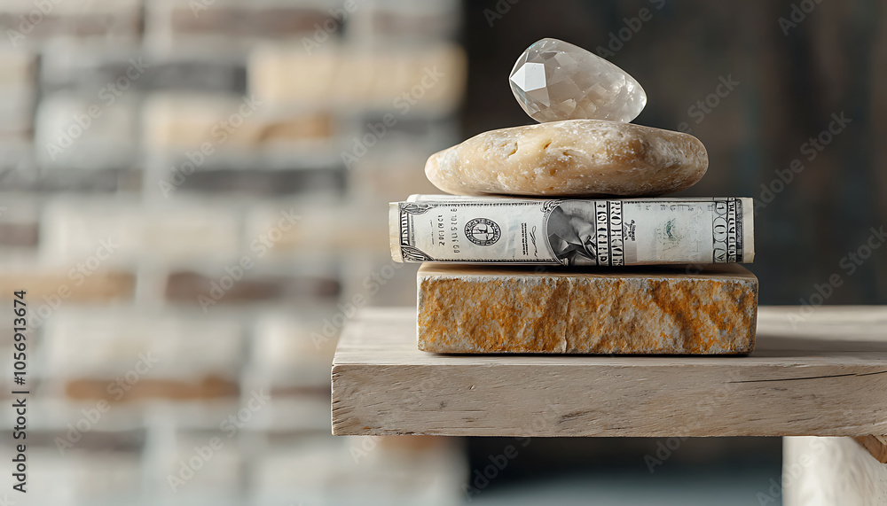 Poster balancing wealth and luxury a stack of bills on a scale with a sparkling gemstone symbolizing value 