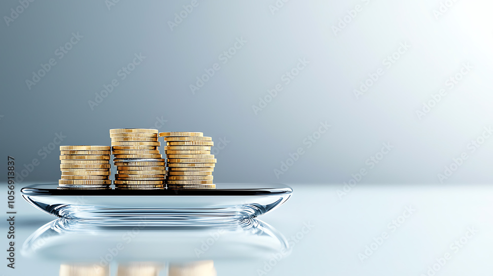 Poster a transparent glass scale displaying stacked coins symbolizing wealth and financial growth in a mini