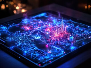 Futuristic holographic map showcasing a detailed city layout with vibrant colors and intricate features.