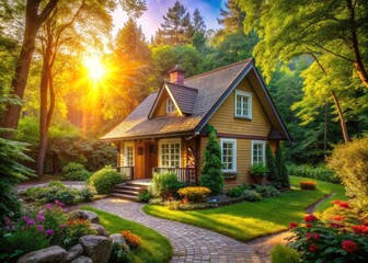 Cozy Cottage Exterior Design in Forest - Captivating Real Estate Photography on a Bright Sunny Day with Cinematic Appeal