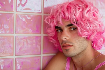 A man wearing a bright pink wig, great for comedic or satirical purposes